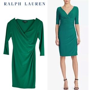 Ralph Lauren Dress 0P 0 Petite XSP Green Ruched Bodycon Stretch Elegant Cocktail
